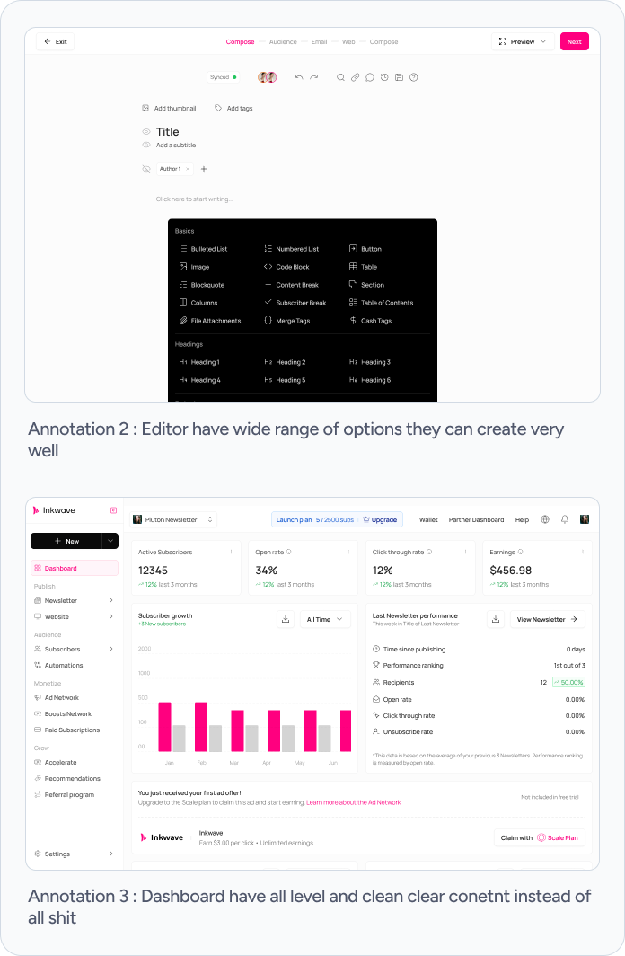 Inkwave editor and dashboard screens
