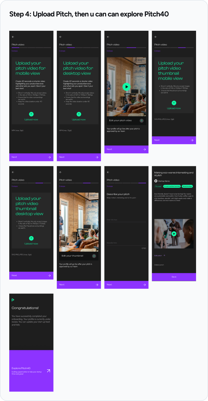 Pitch40 founder onboarding screens