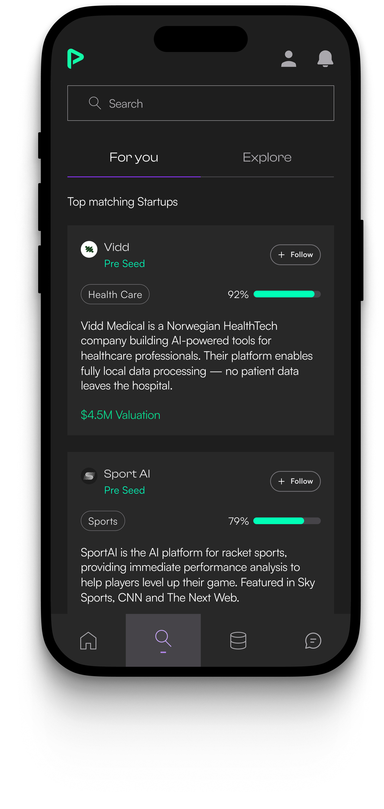 Pitch40 investor feed showing startup match scores