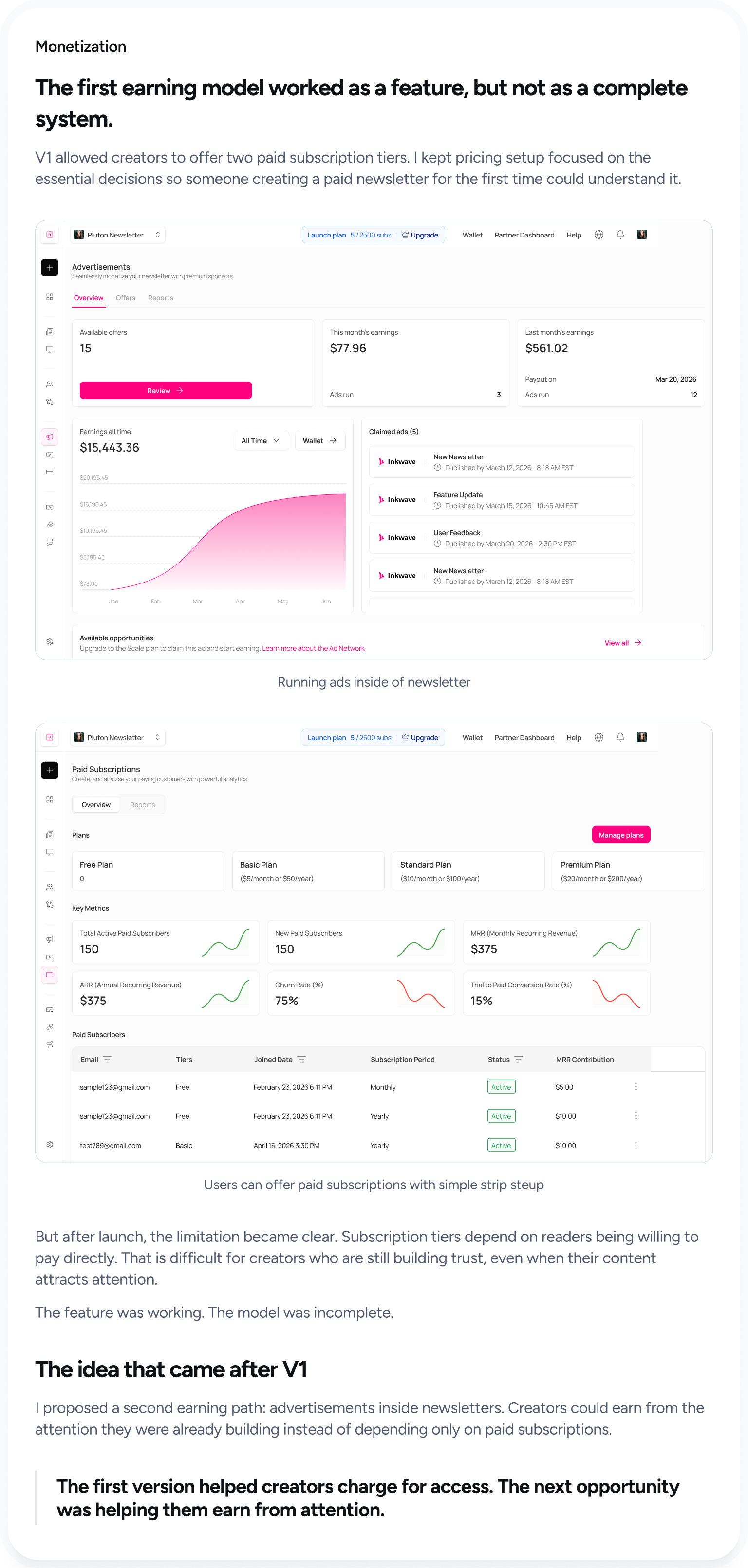Inkwave monetization screens and explanation